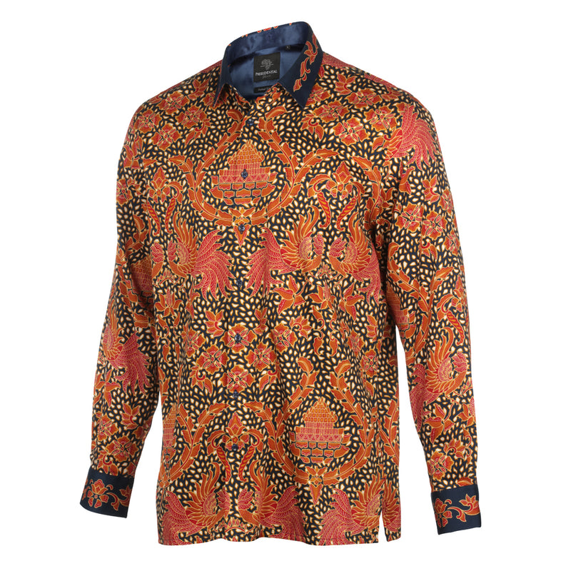 Autum Leaves Blue Men's Long Sleeve Printed Cotton Shirt