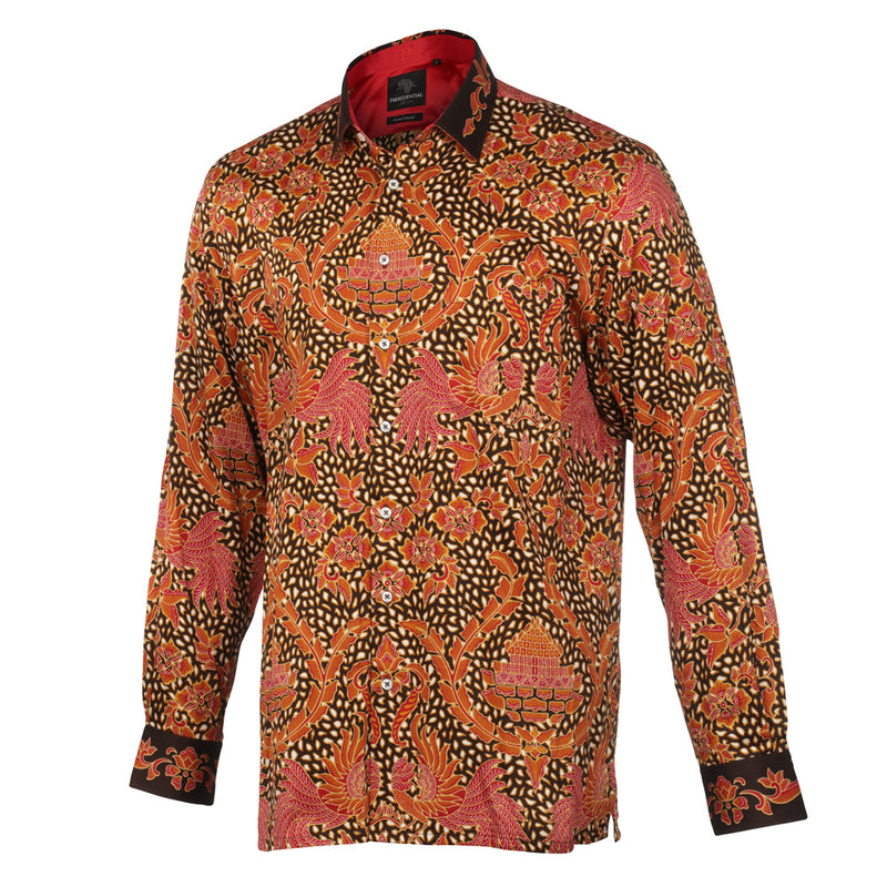 Autumn Leaves Brown - Men's Long Sleeve Printed Cotton Shirt