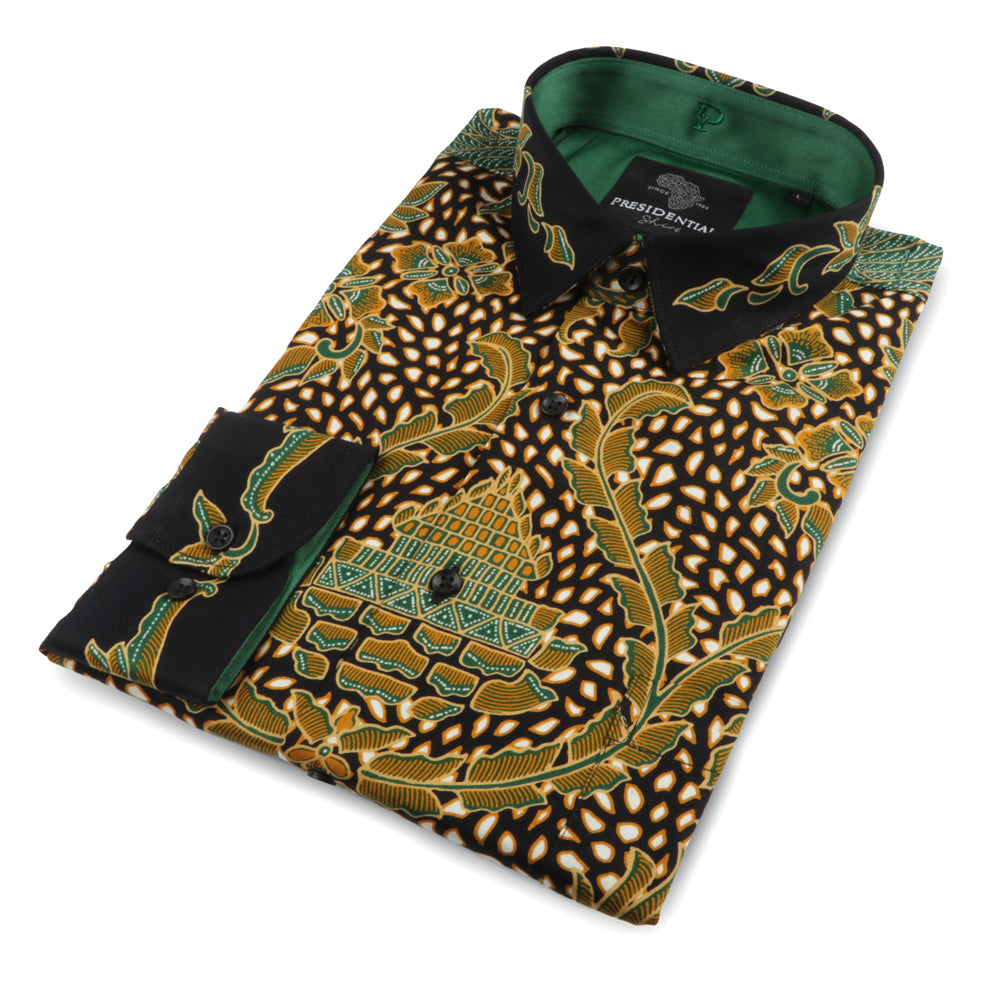 Autumn Leaves Green - Men's Long Sleeve Printed Cotton Shirt