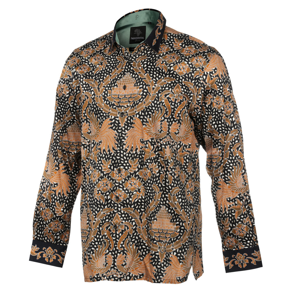Autumn Leaves Black - Men's Long Sleeve Printed Cotton Shirt