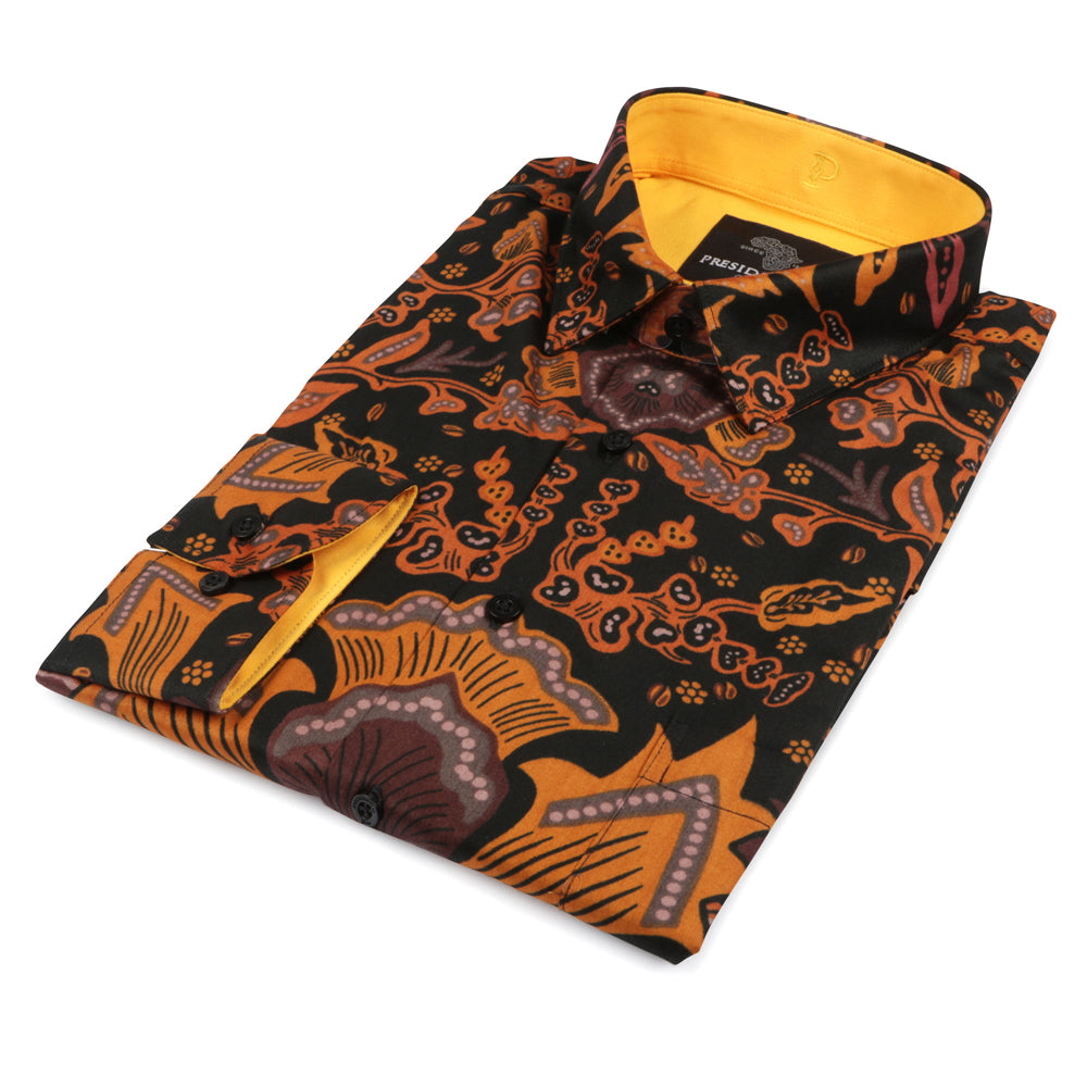 Autumn Flowers - Orange Men's Long Sleeve Printed Cotton Shirt