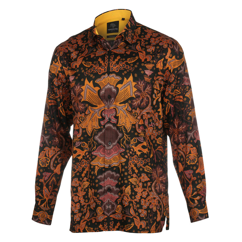 Autumn Flowers - Orange Men's Long Sleeve Printed Cotton Shirt
