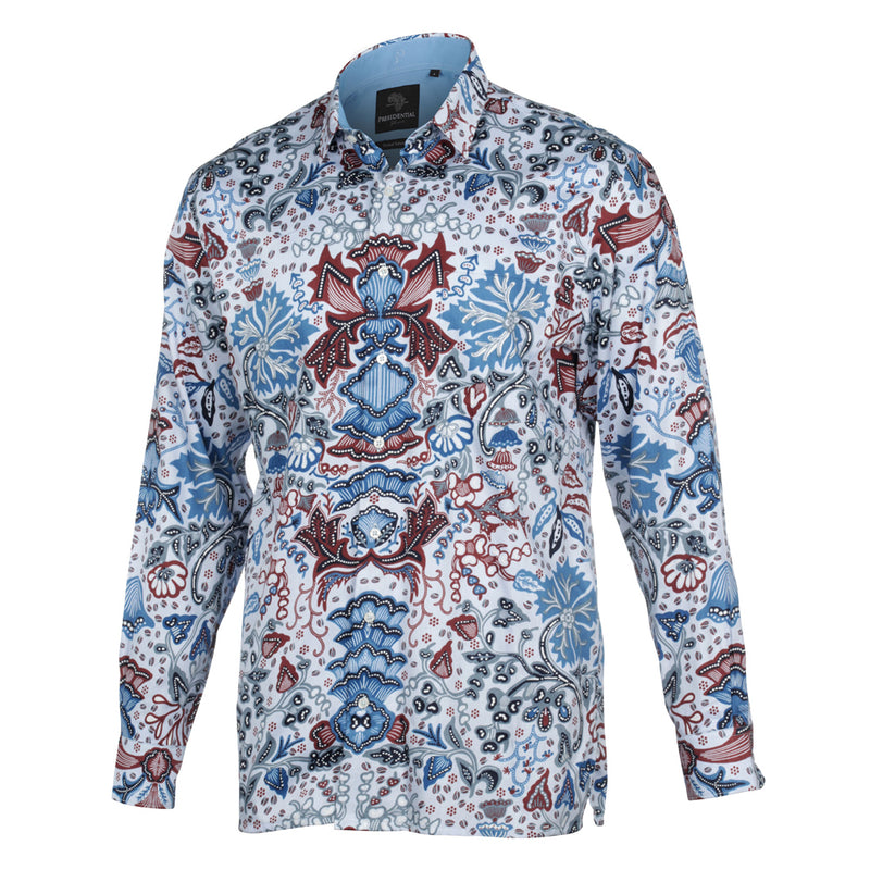 Spring Flowers - Blue Men's Long Sleeve Printed Cotton Shirt
