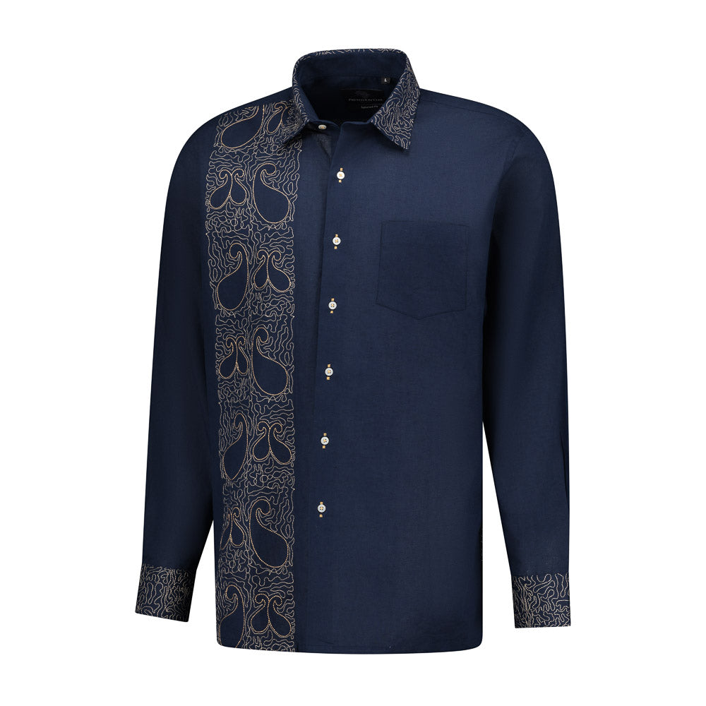 Classic Paisley- Navy Gold Long Sleeve Cotton Linen Embroidered Men's Shirt