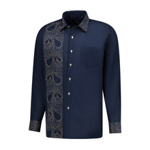 Classic Paisley- Navy Gold Long Sleeve Cotton Linen Embroidered Men's Shirt