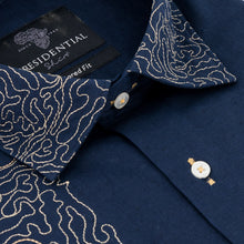 Classic Paisley- Navy Gold Long Sleeve Cotton Linen Embroidered Men's Shirt