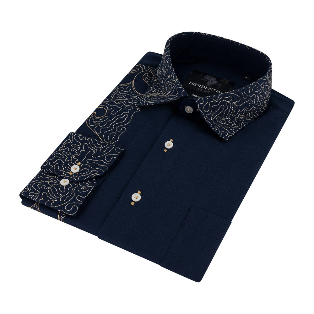 Classic Paisley- Navy Gold Long Sleeve Cotton Linen Embroidered Men's Shirt