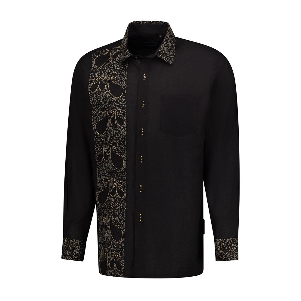 Classic Paisley- Black Gold Long Sleeve Cotton Linen Embroidered Men's Shirt