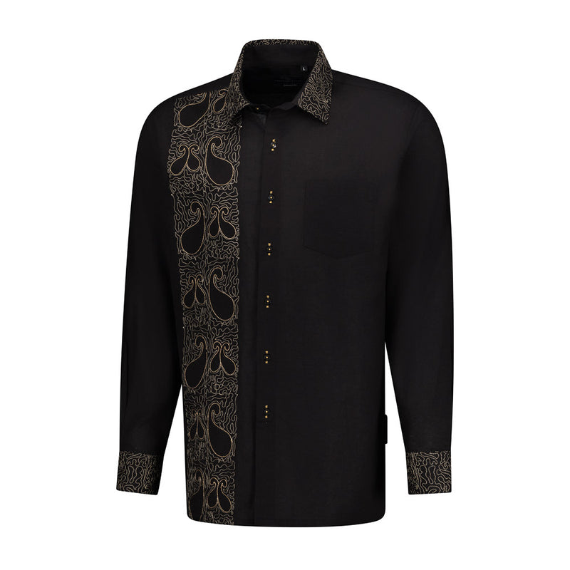 Classic Paisley- Black Gold Long Sleeve Cotton Linen Embroidered Men's Shirt