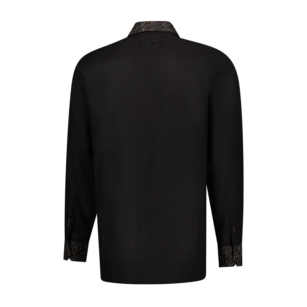 Classic Paisley- Black Gold Long Sleeve Cotton Linen Embroidered Men's Shirt