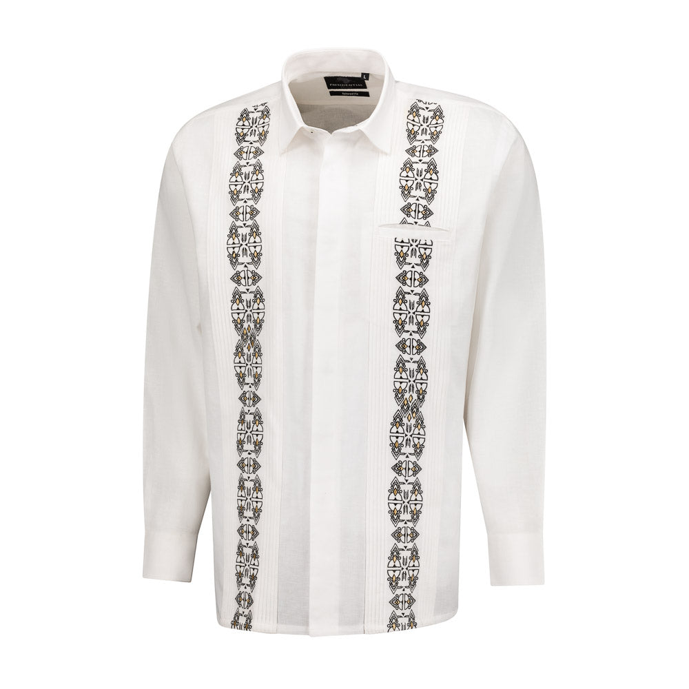 Presidential Style - White Gold Long Sleeve Cotton Linen Embroidered Men's Shirt