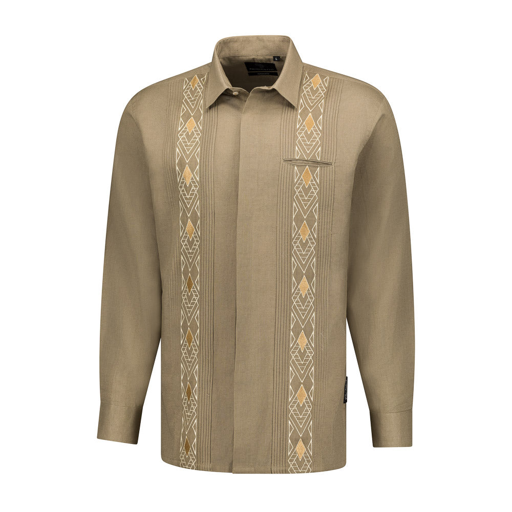 Presidential Style - Olive Long Sleeve Linen Cotton Embroidered Men's Shirt
