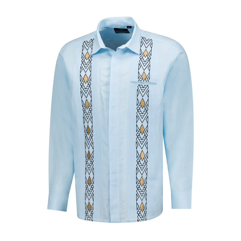 Presidential Style - Light Blue Long Sleeve Linen Cotton Embroidered Men's Shirt