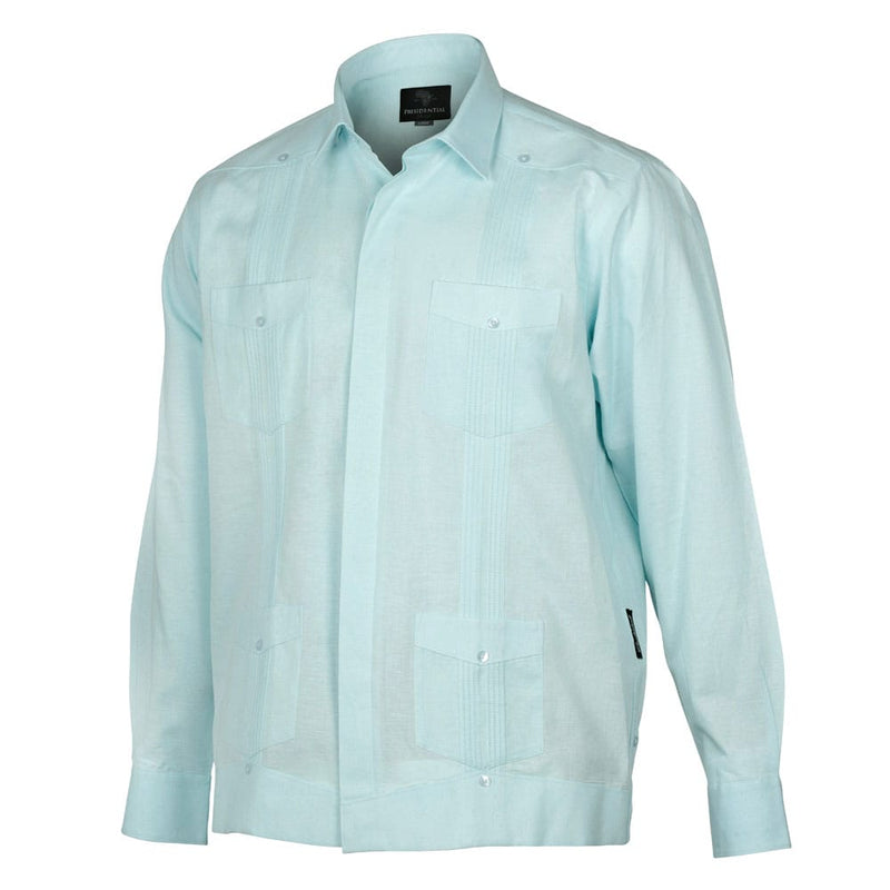 Light Blue Sky Long Sleeve Cuban Multi-Pocket Cotton Linen Shirt