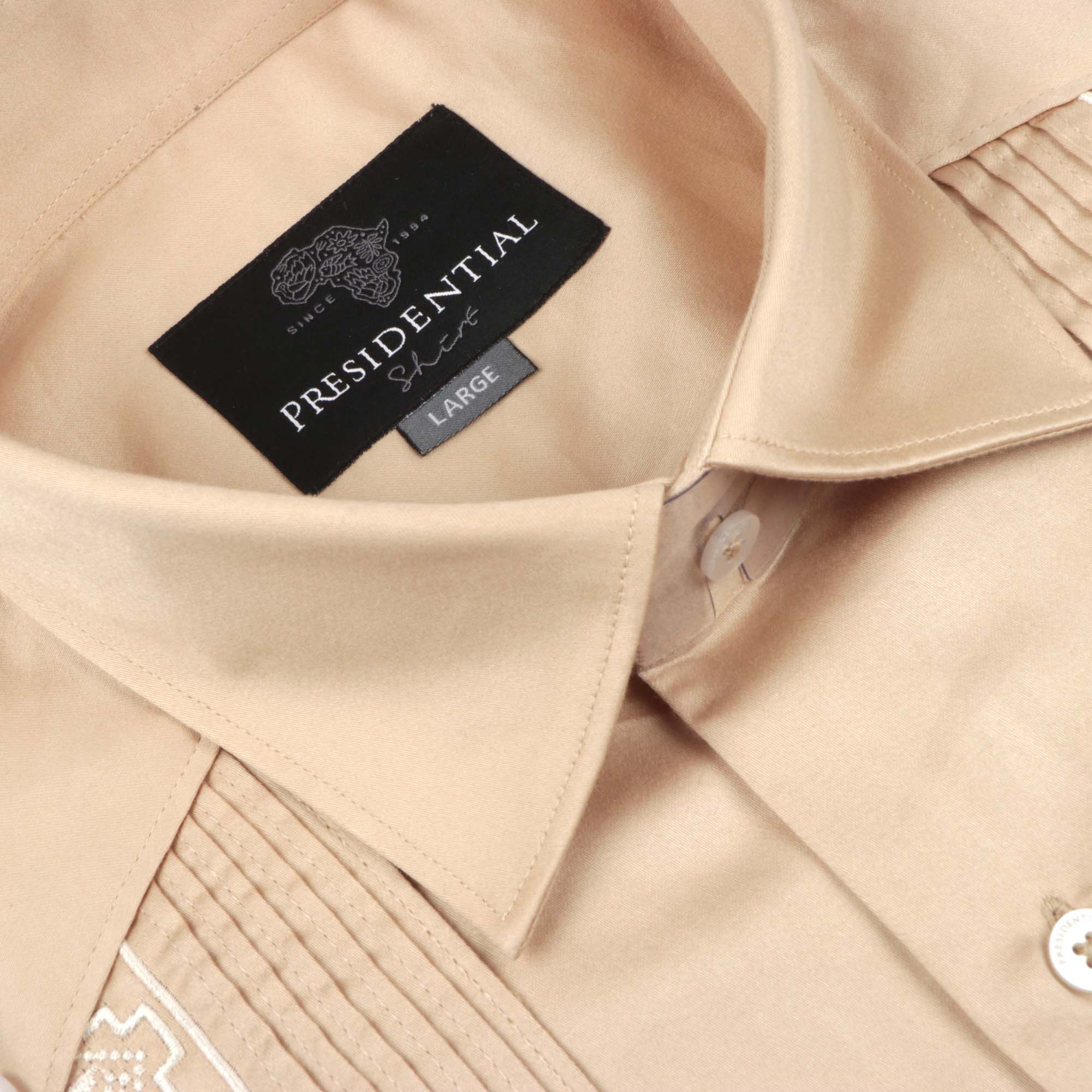 Khaki Long Sleeve Cotton Sateen Embroidered Multi-Pocket Men's Shirt