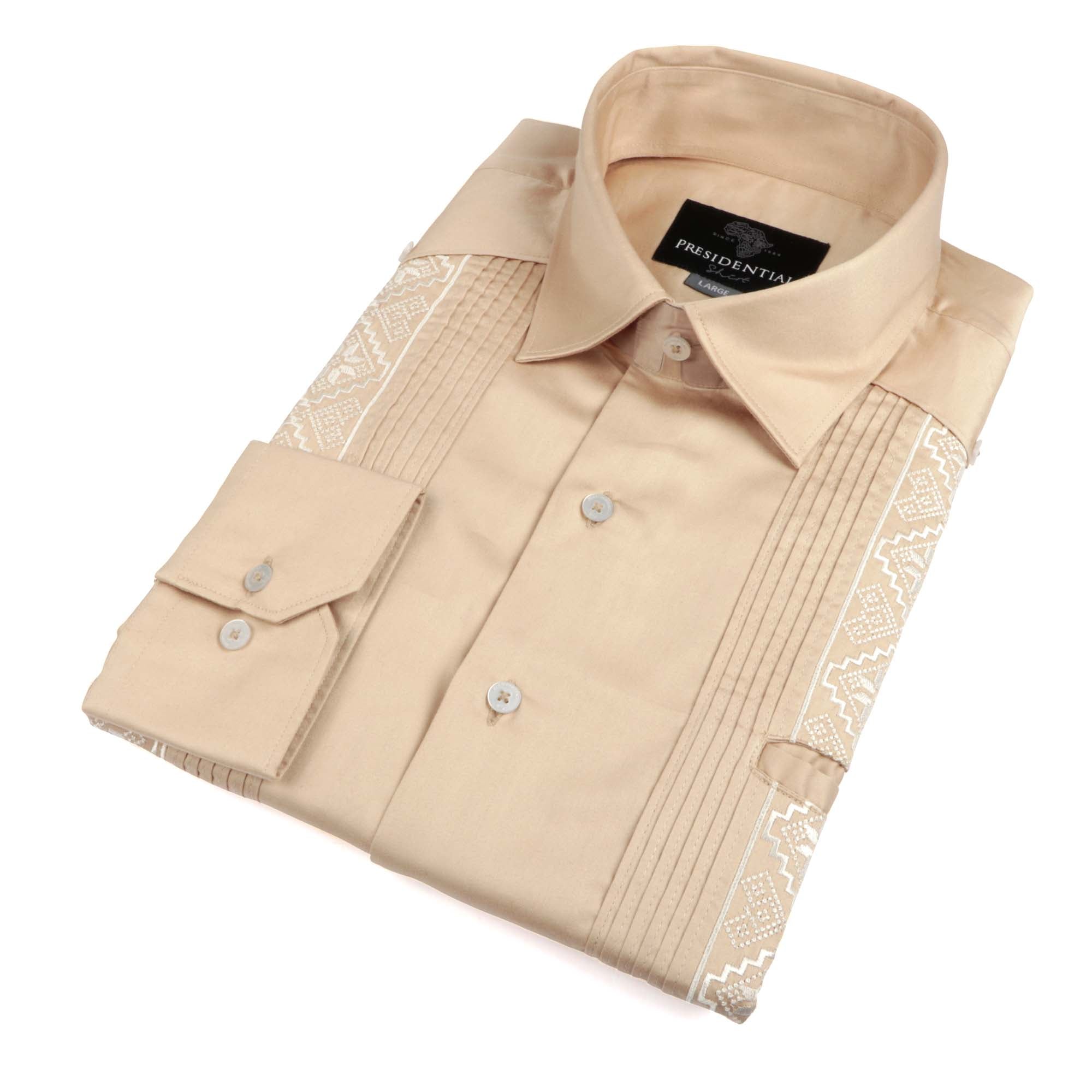 Khaki Long Sleeve Cotton Sateen Embroidered Multi-Pocket Men's Shirt
