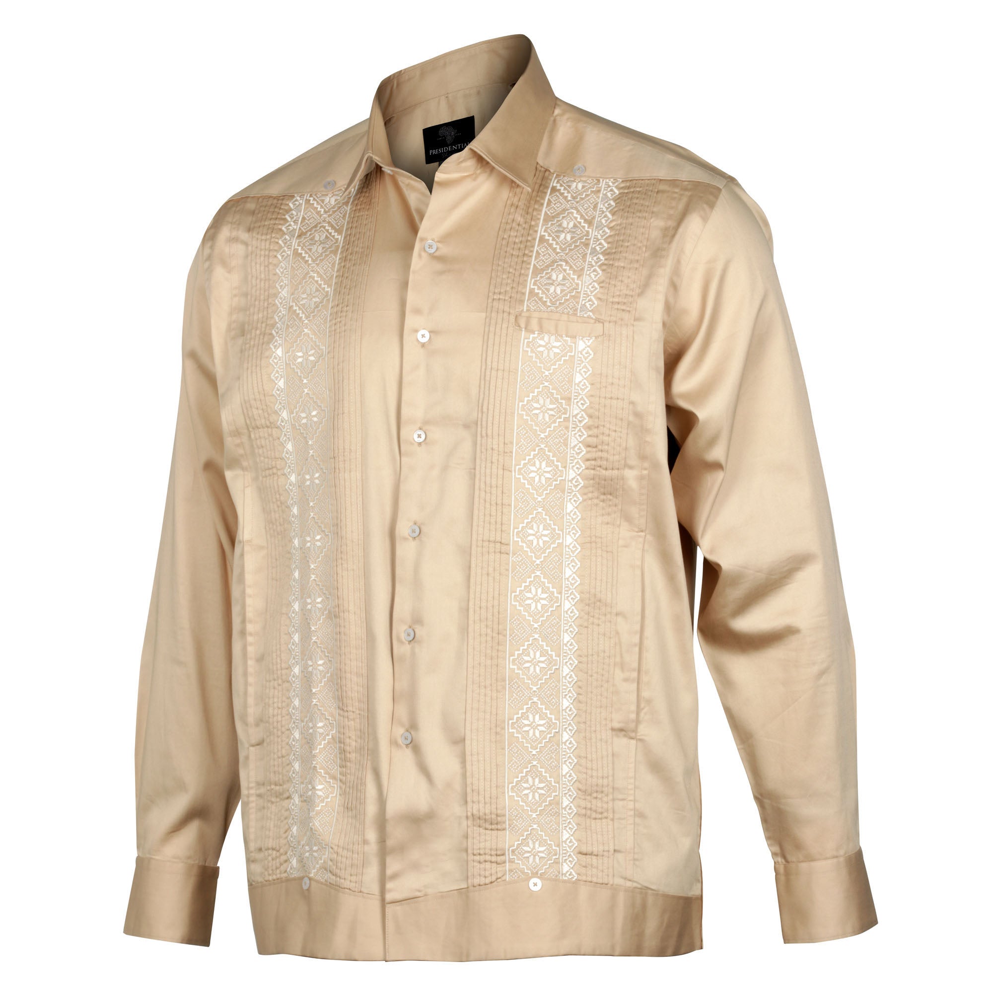 Khaki Long Sleeve Cotton Sateen Embroidered Multi-Pocket Men's Shirt