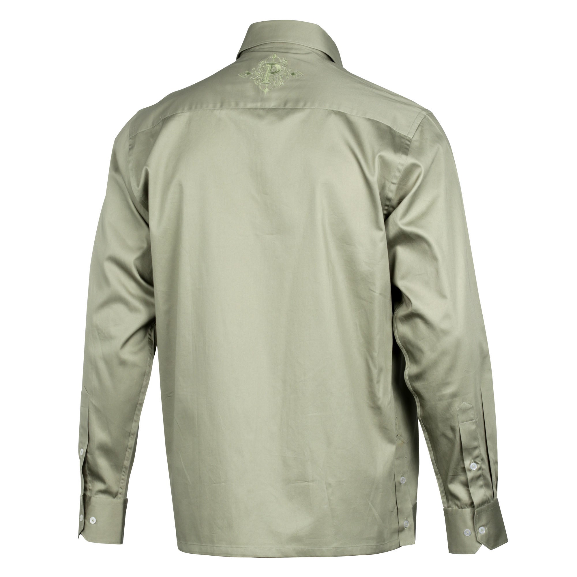 Olive Long Sleeve Cotton Sateen Embroidered Multi-Pocket Men's Shirt