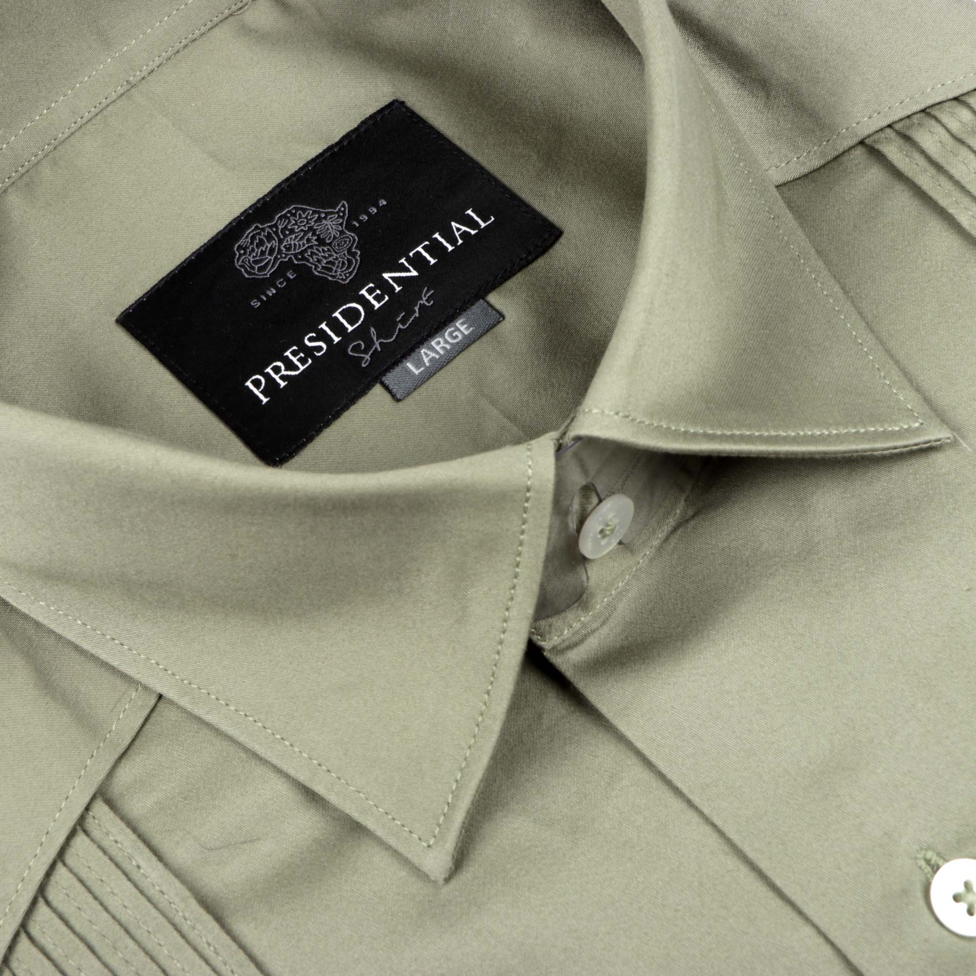 Olive Long Sleeve Cotton Sateen Embroidered Multi-Pocket Men's Shirt