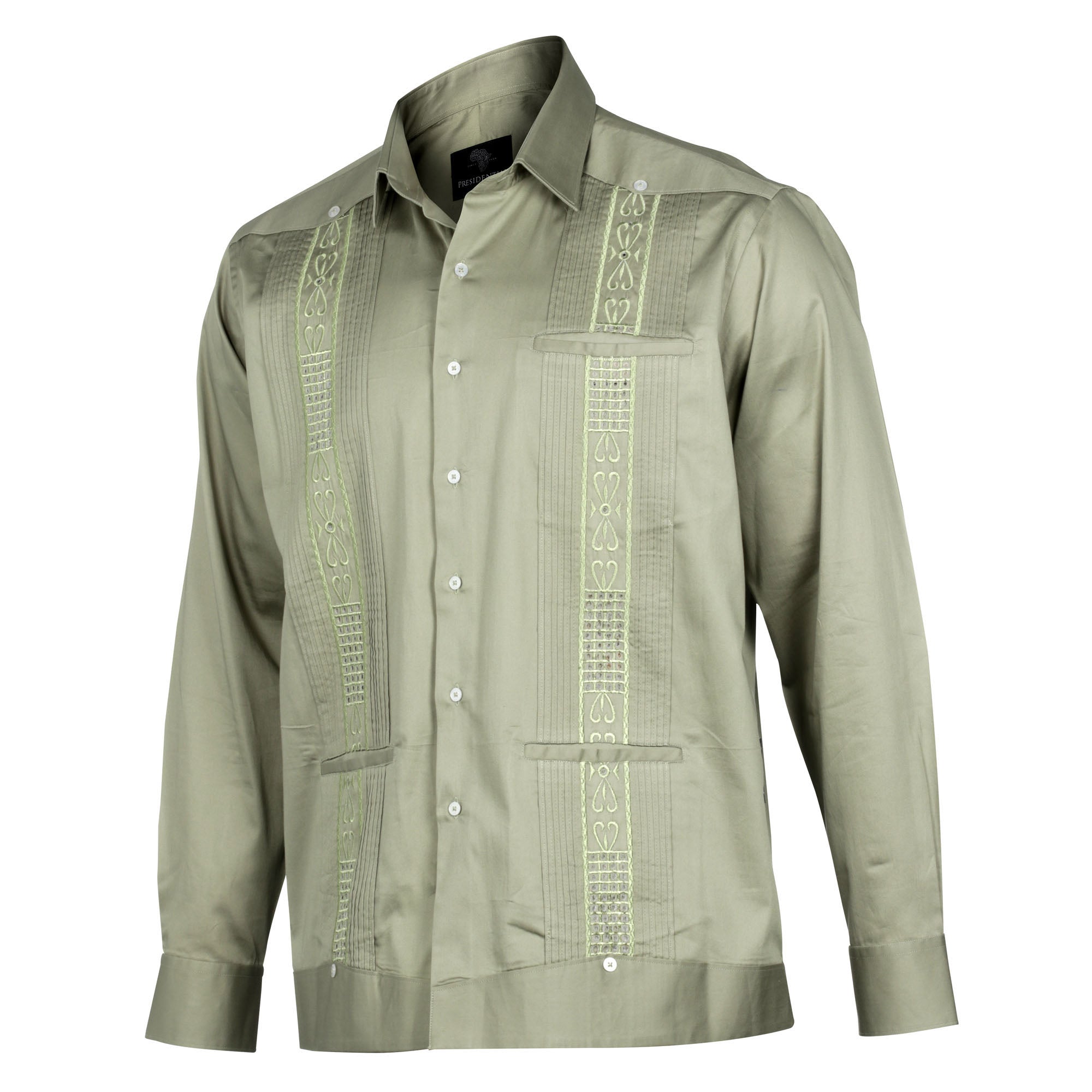 Olive Long Sleeve Cotton Sateen Embroidered Multi-Pocket Men's Shirt