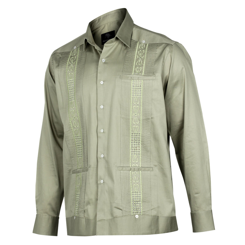 Olive Long Sleeve Cotton Sateen Embroidered Multi-Pocket Men's Shirt