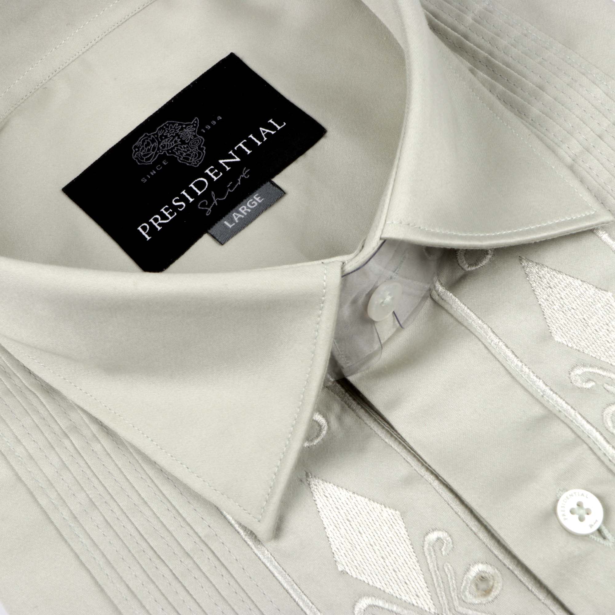 Light Sage Long Sleeve Cotton Sateen Embroidered Multi-Pocket Men's Shirt