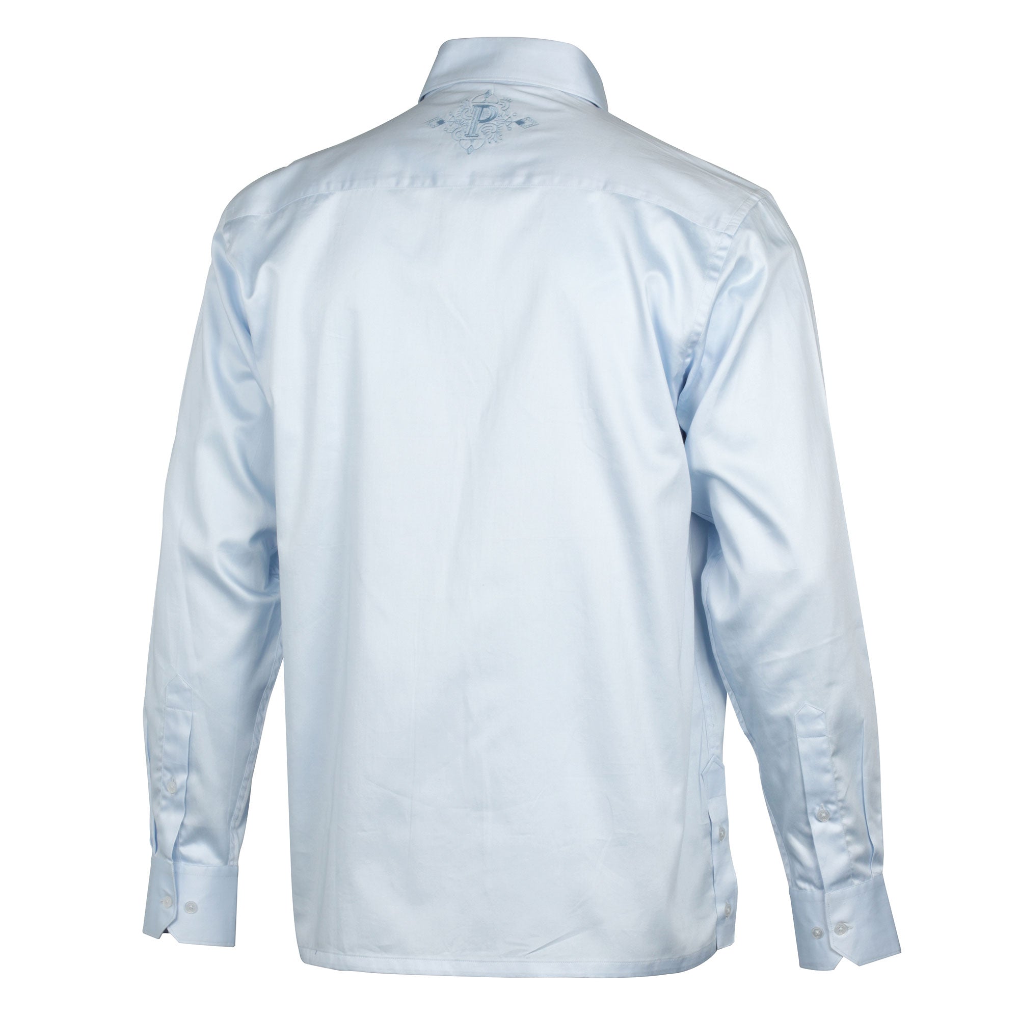 Light Blue Long Sleeve Cotton Sateen Embroidered Multi-Pocket Men's Shirt