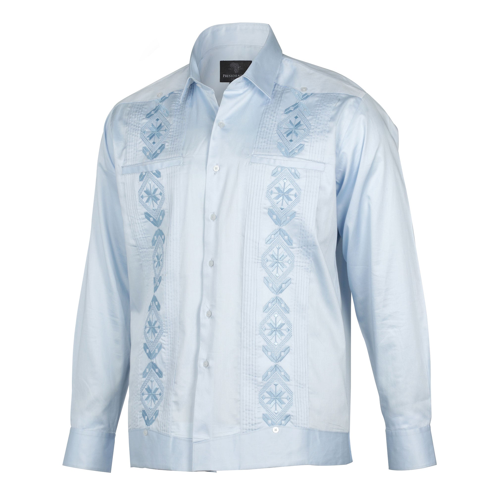 Light Blue Long Sleeve Cotton Sateen Embroidered Multi-Pocket Men's Shirt