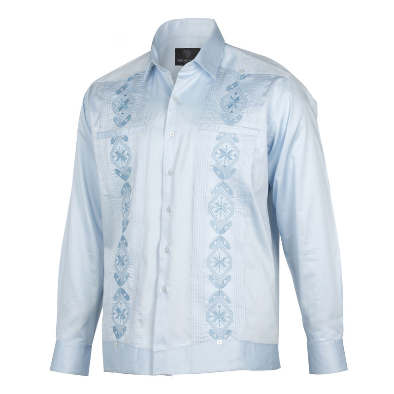 Light Blue Long Sleeve Cotton Sateen Embroidered Multi-Pocket Men's Shirt