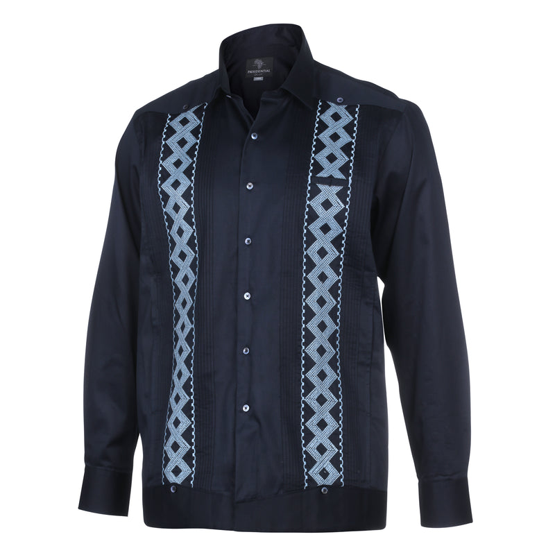 Navy/Light Navy Long Sleeve Cotton Sateen Embroidered Multi-Pocket Men's Shirt