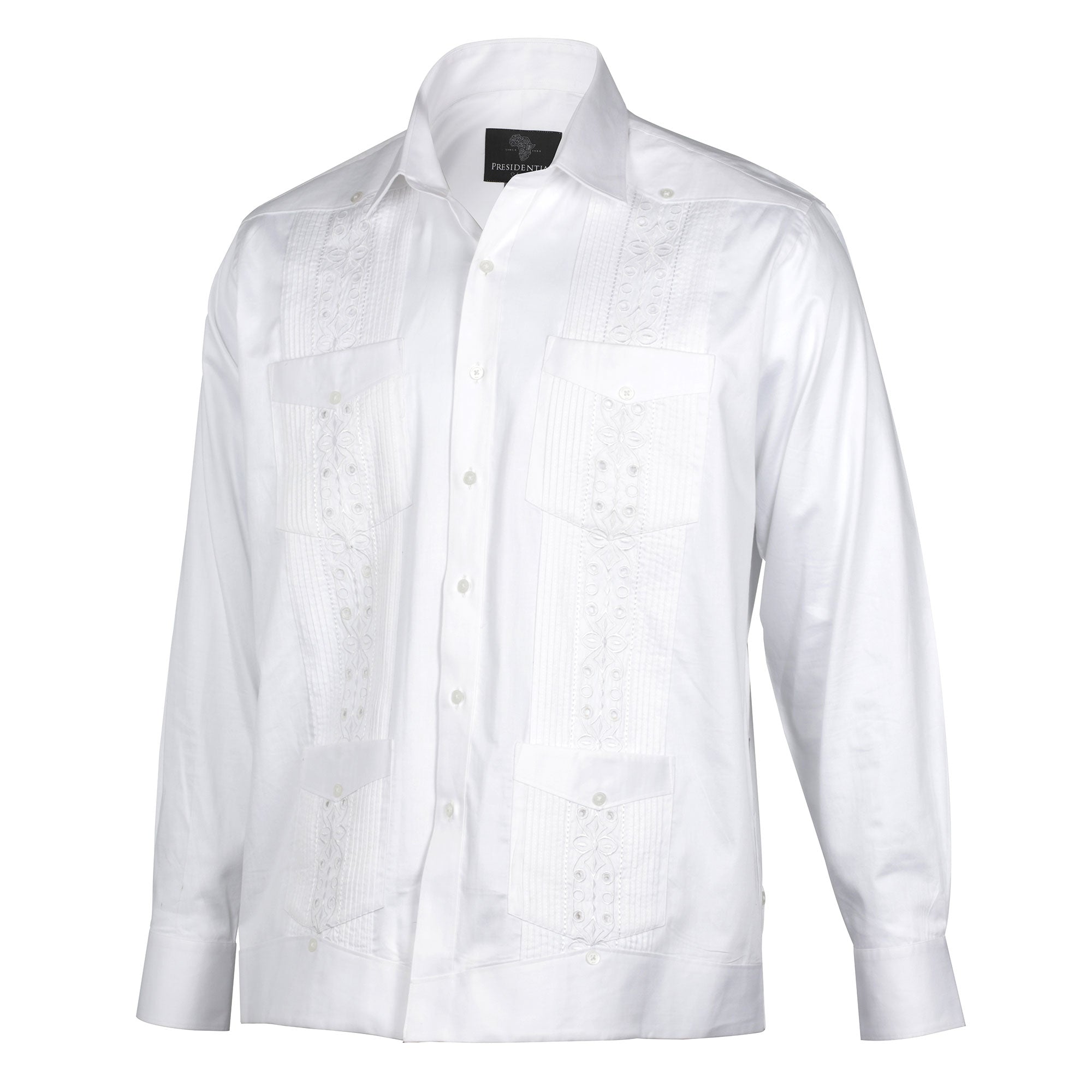Classic White Long Sleeve Cotton Sateen Embroidered Multi-Pocket Men's Shirt