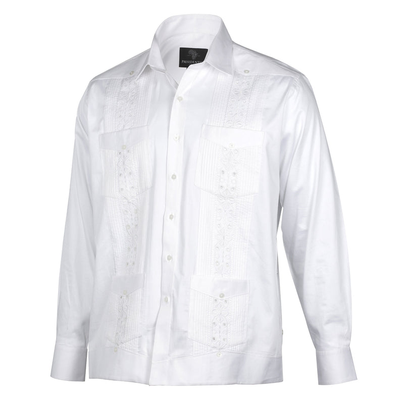 Classic White Long Sleeve Cotton Sateen Embroidered Multi-Pocket Men's Shirt