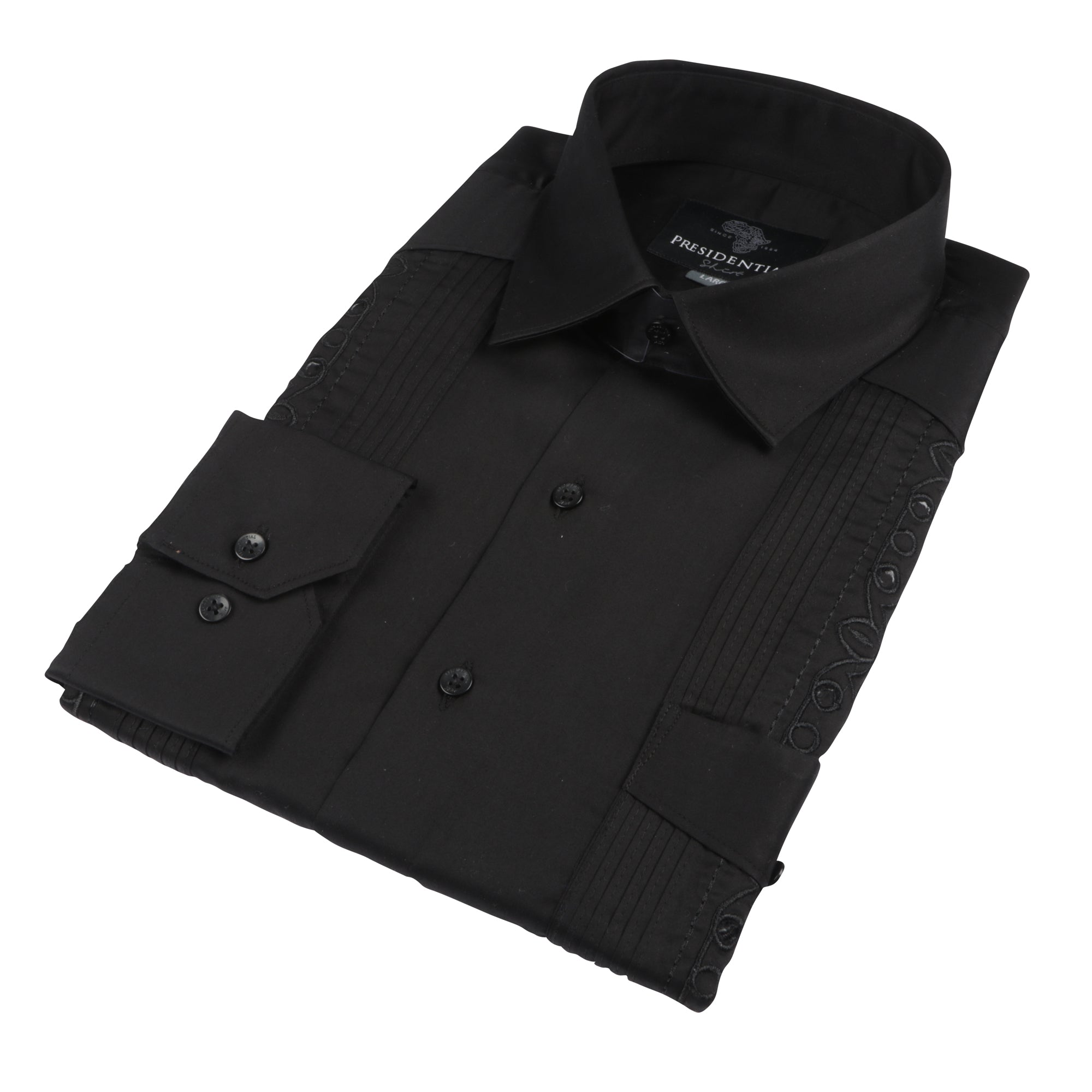 Black Long Sleeve Cotton Sateen Embroidered Multi-Pocket Men's Shirt