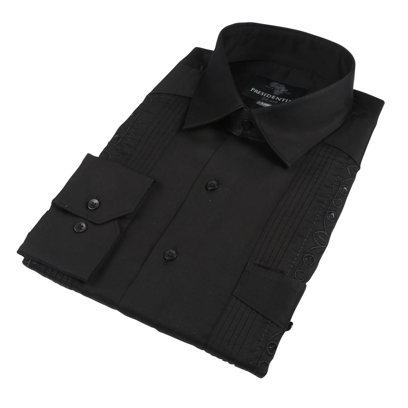 Black Long Sleeve Cotton Sateen Embroidered Multi-Pocket Men's Shirt
