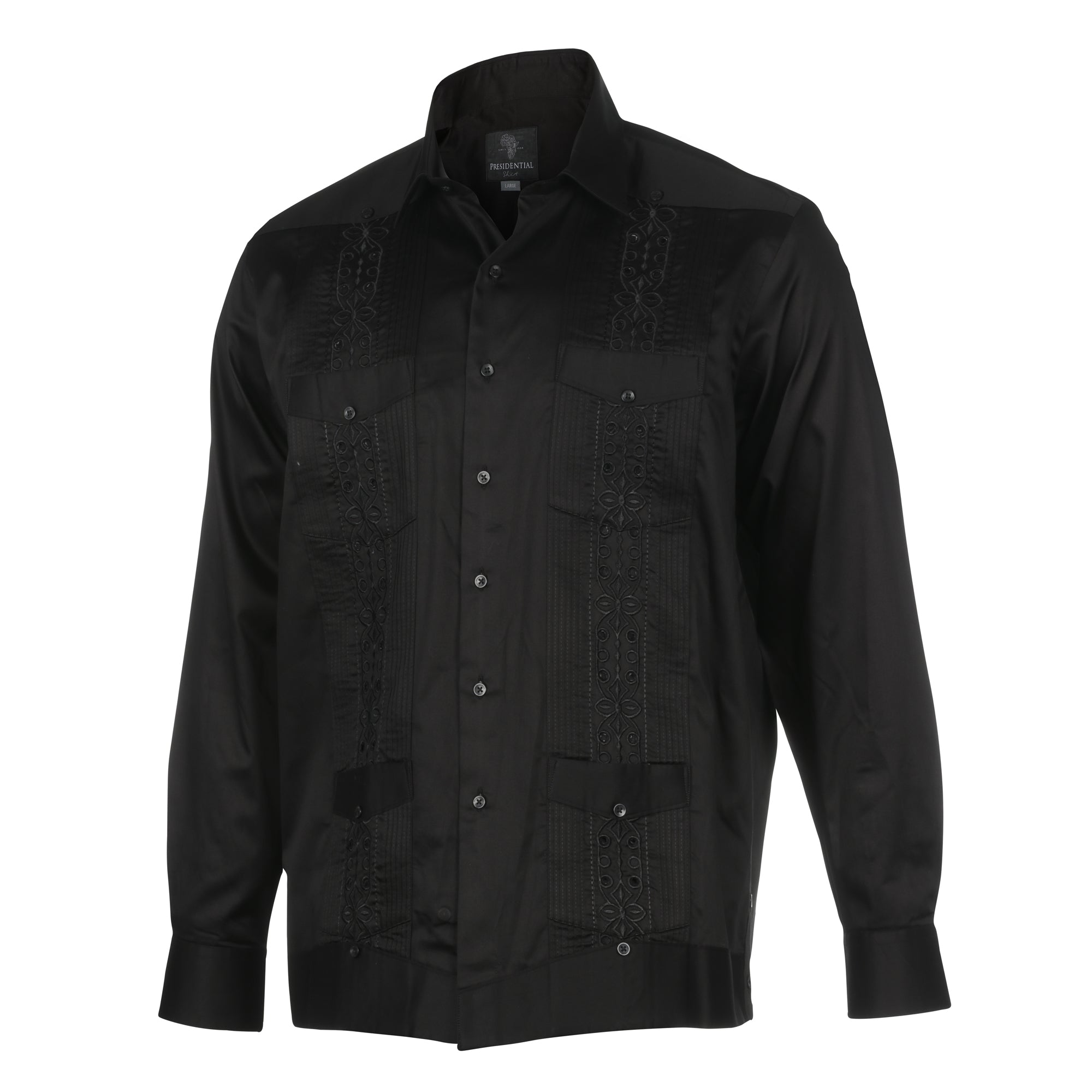 Black Long Sleeve Cotton Sateen Embroidered Multi-Pocket Men's Shirt