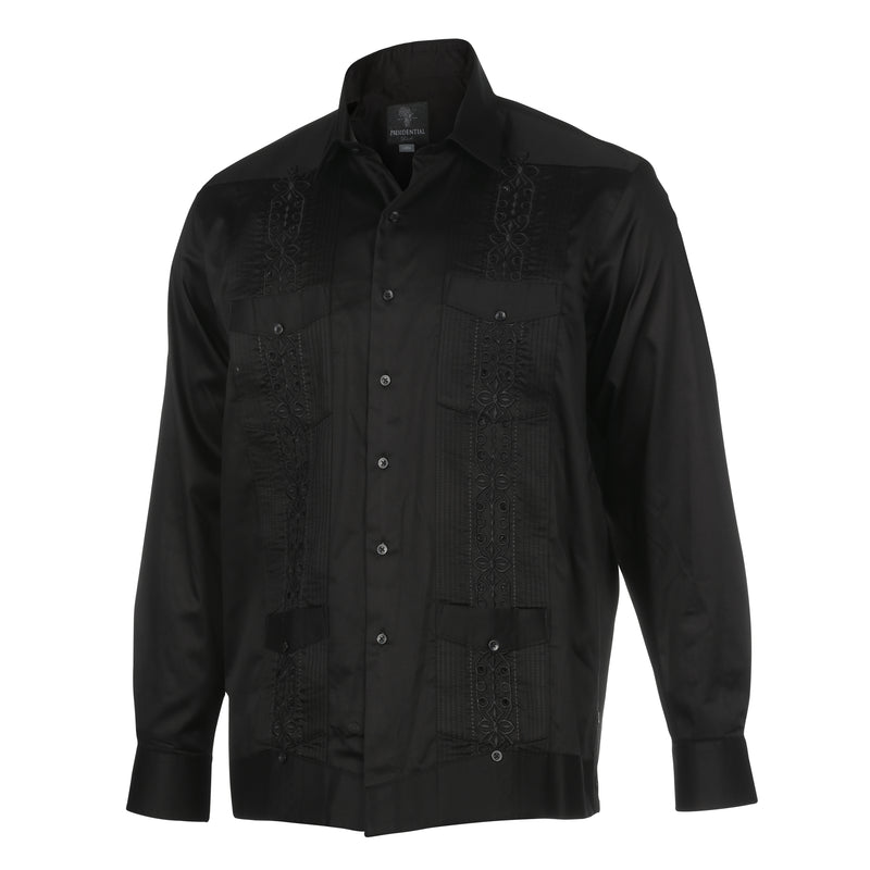 Black Long Sleeve Cotton Sateen Embroidered Multi-Pocket Men's Shirt