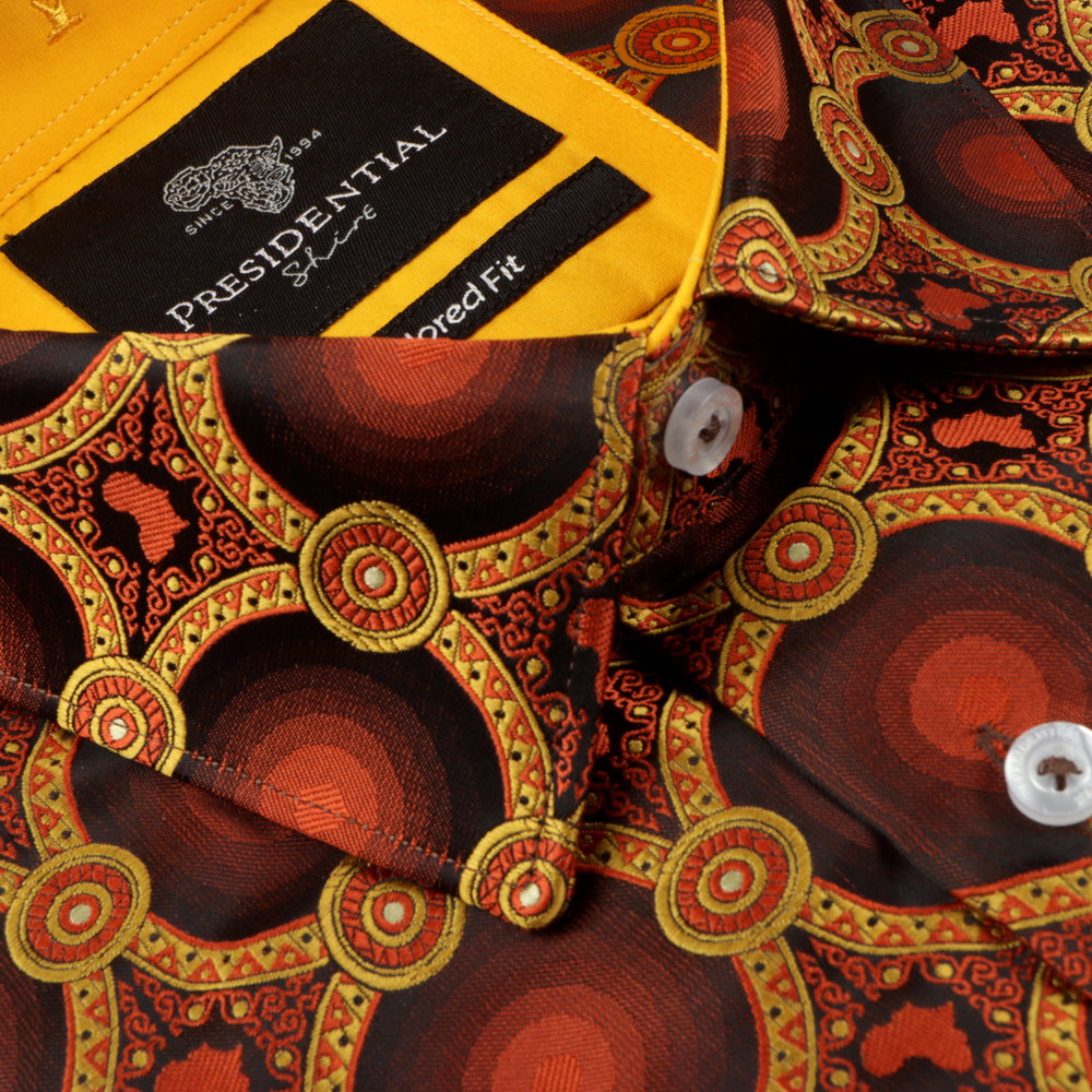 African Circle - Burnt Orange Long Sleeve Jacquard Woven Men's Shirt