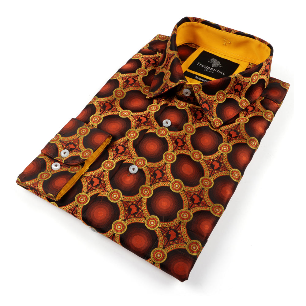African Circle - Burnt Orange Long Sleeve Jacquard Woven Men's Shirt