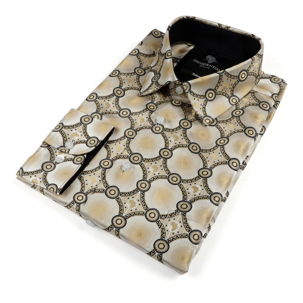African Circle - Gold Long Sleeve Jacquard Woven Men's Shirt
