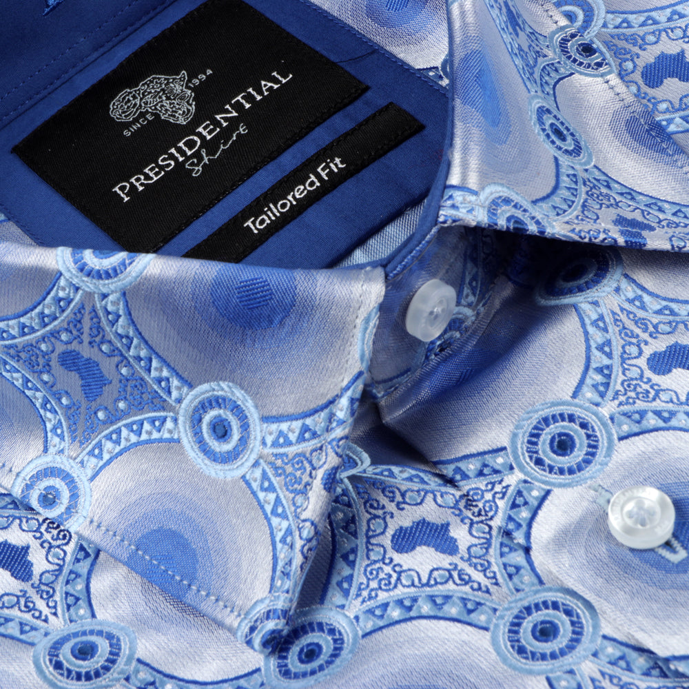 African Circle - Blue Long Sleeve Jacquard Woven Men's Shirt