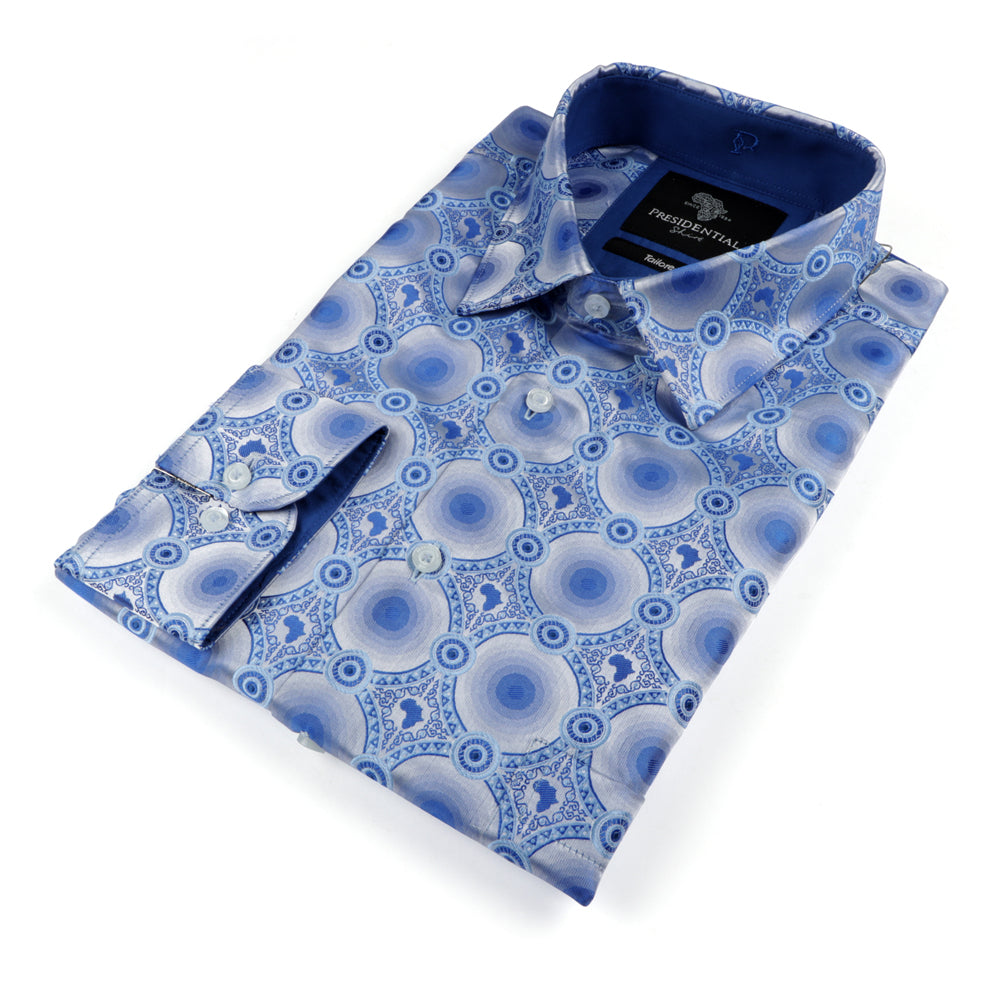 African Circle - Blue Long Sleeve Jacquard Woven Men's Shirt