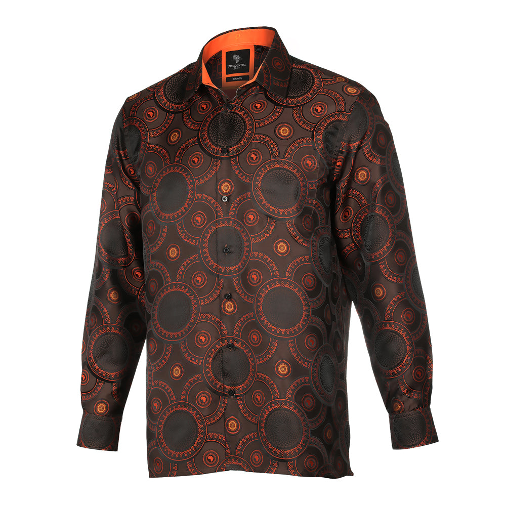 Large African Circle - Brown Long Sleeve Jacquard Woven Men's Shirt