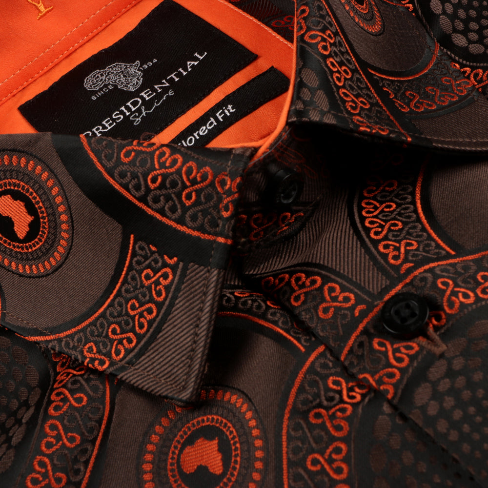 Large African Circle - Brown Long Sleeve Jacquard Woven Men's Shirt