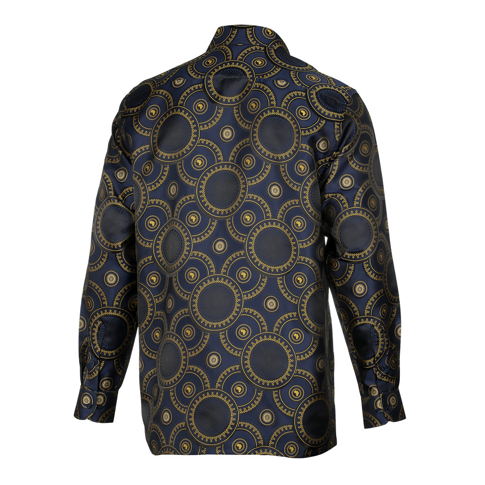Large African Circle - Navy Long Sleeve Jacquard Woven Men's Shirt