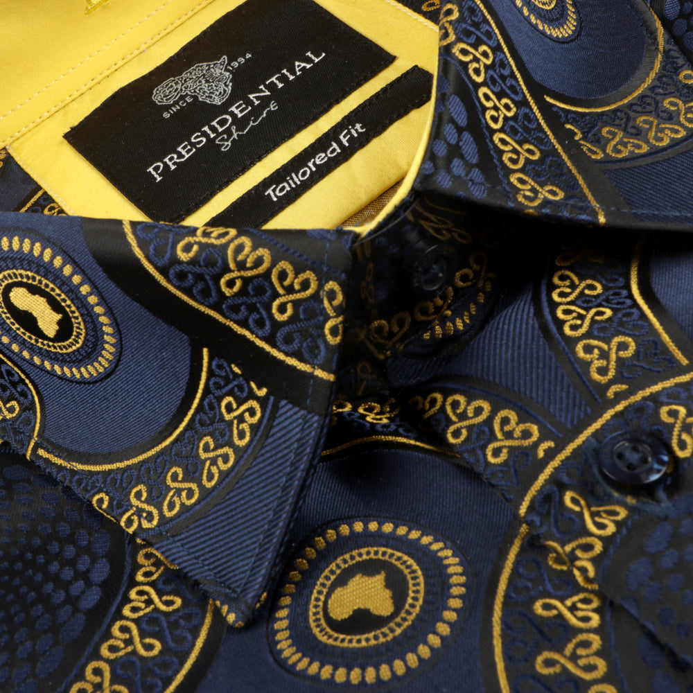 Large African Circle - Navy Long Sleeve Jacquard Woven Men's Shirt