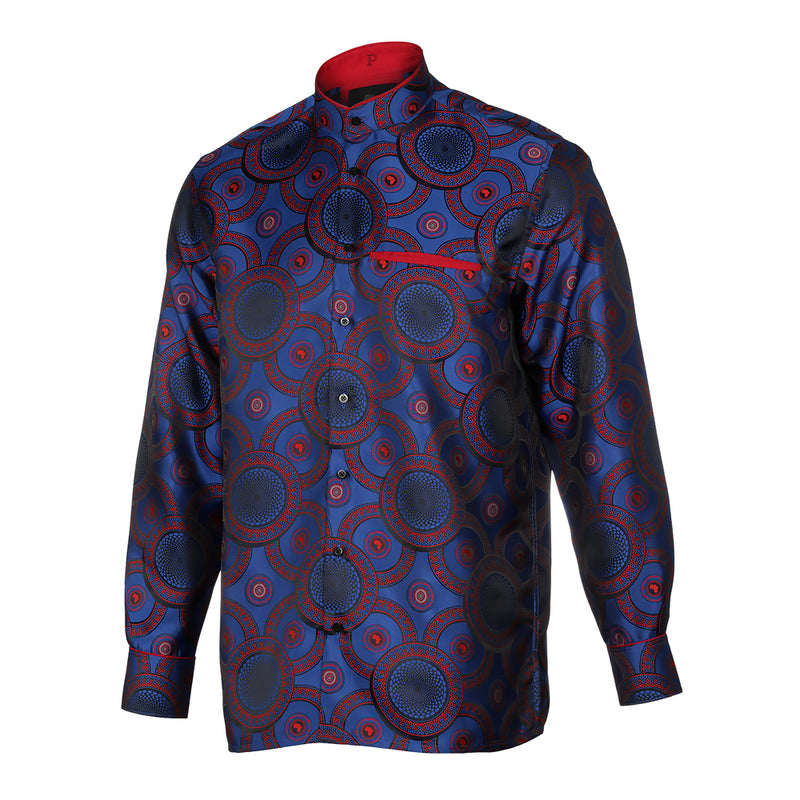 Large African Circle - Blue Red Long Sleeve Jacquard Woven Men's Shirt