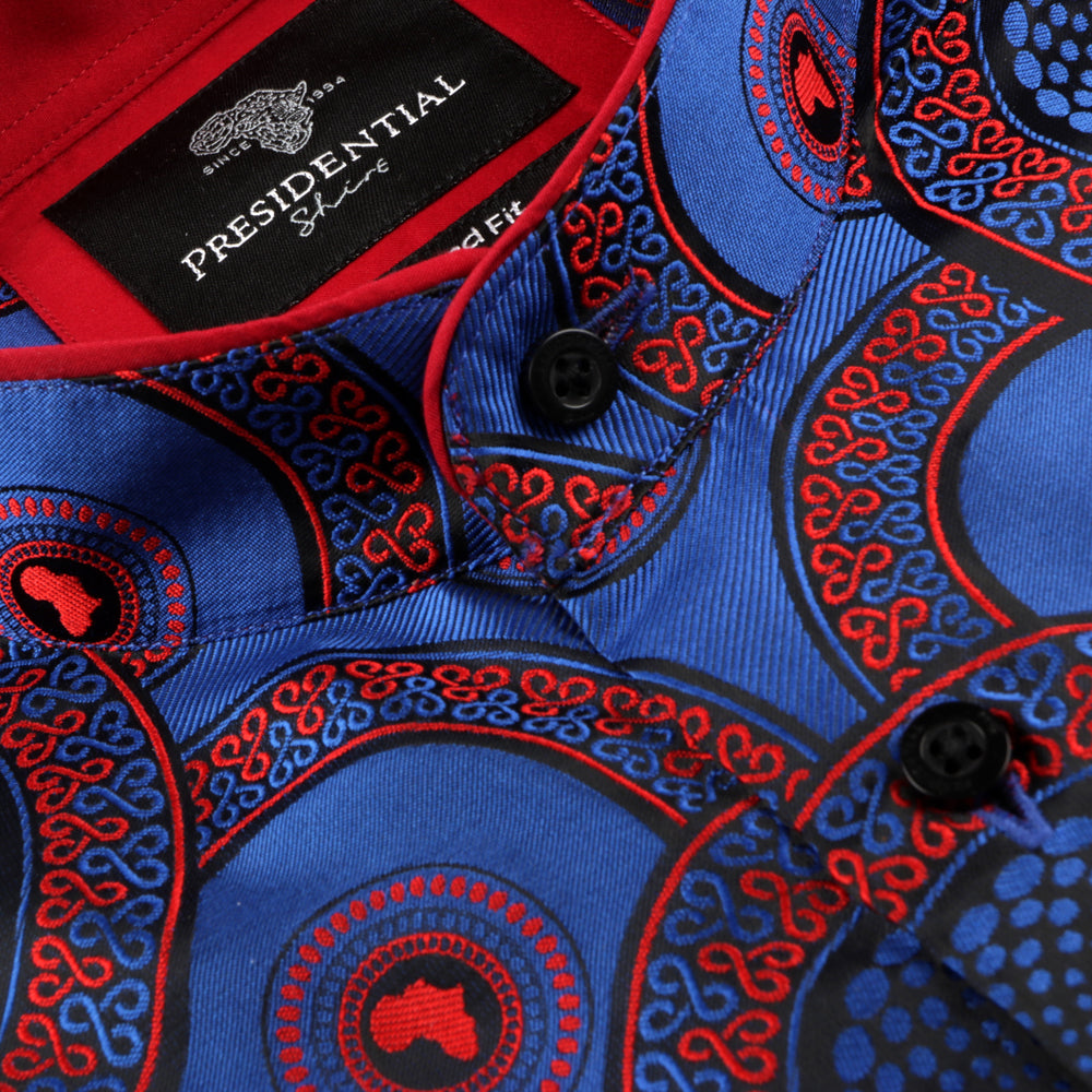 Large African Circle - Blue Red Long Sleeve Jacquard Woven Men's Shirt