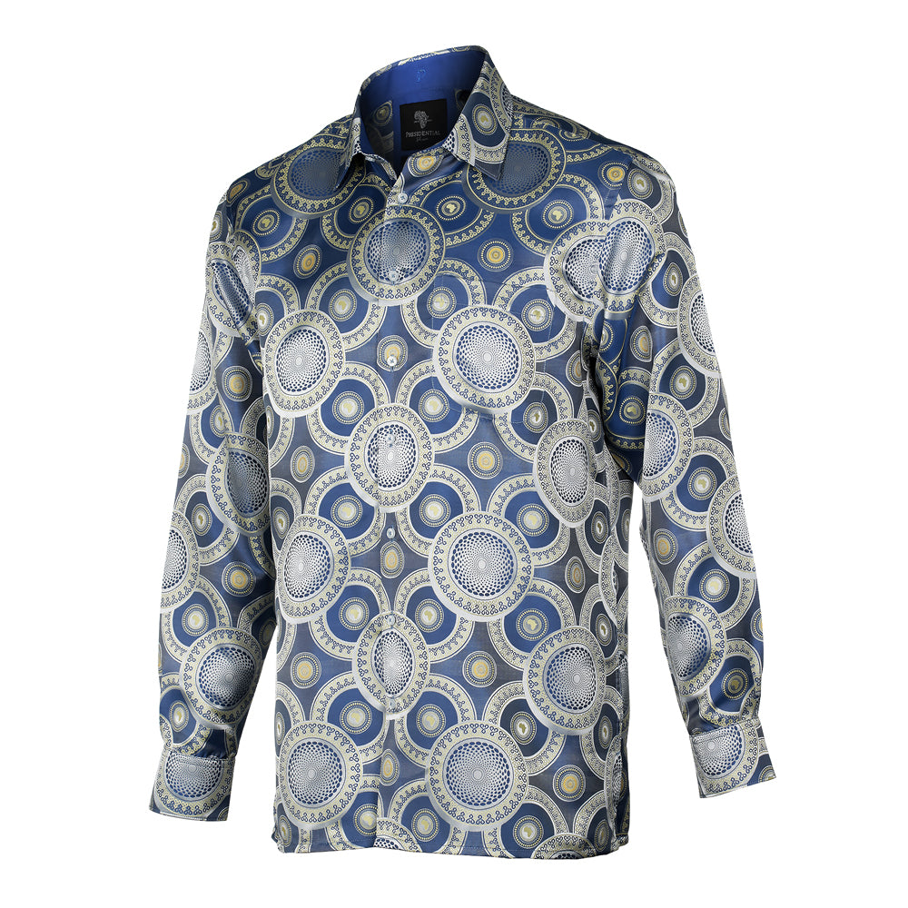 Large African Circle - Light Blue Long Sleeve Jacquard Woven Men's Shirt