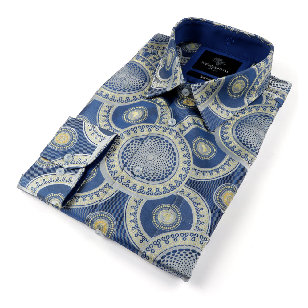 Large African Circle - Light Blue Long Sleeve Jacquard Woven Men's Shirt
