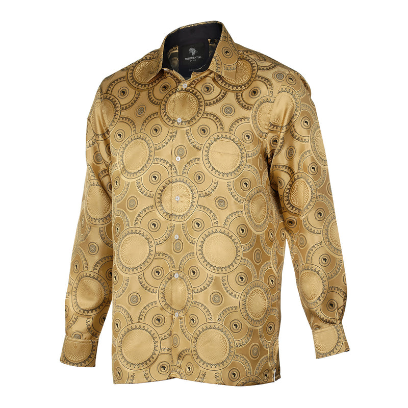 Large African Circle - Gold Long Sleeve Jacquard Woven Men's Shirt